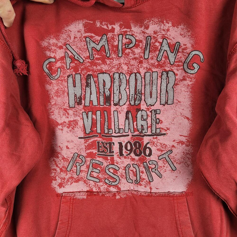Vintage Camping Harbour Village Resort Hoodie Mens Large Red Graphic Pullover